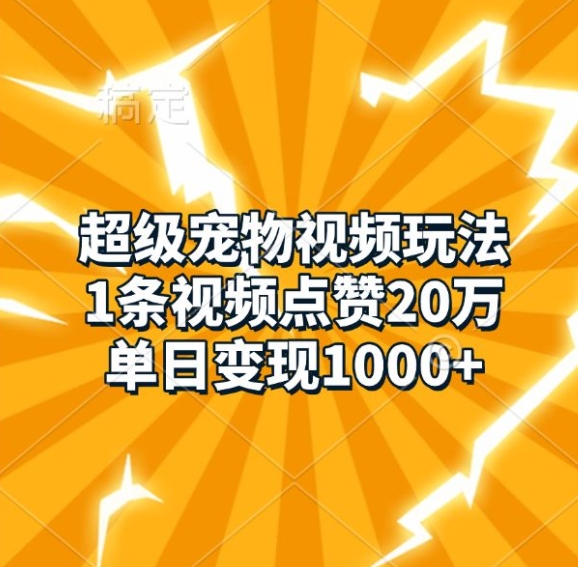 超级宠物视频玩法，1条视频点赞20万，单日变现1k-极码AI- 热点知汇专注Ai网赚项目资源知识聚汇